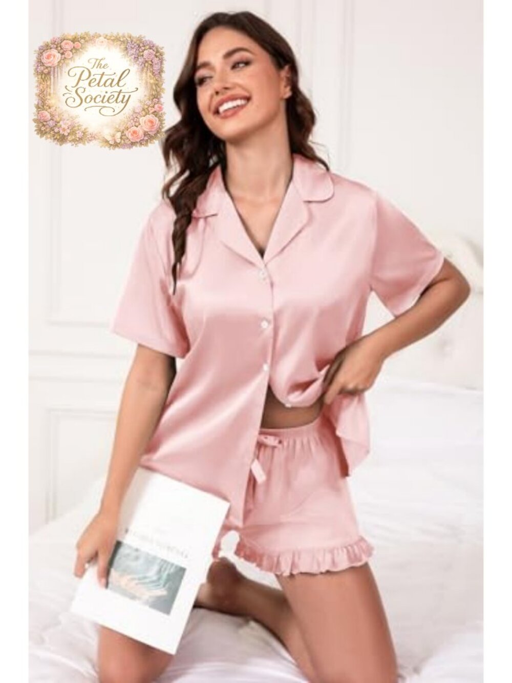 Satin Pajama Set Womens Short Sleeve Button Down 2 Piece Sleepwear Lounge - Picture 2 of 6